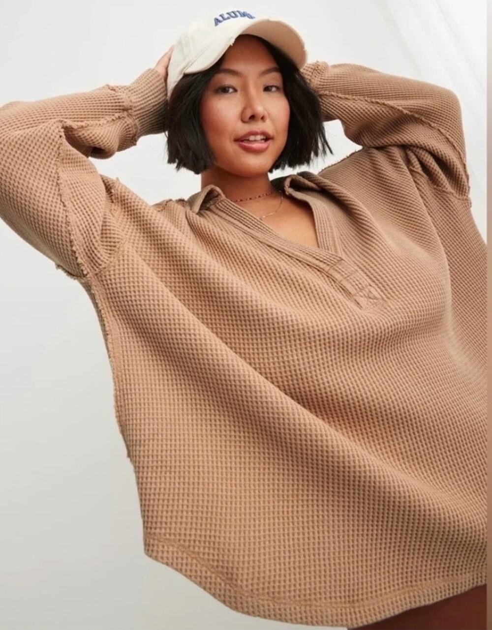 Aerie Lumberjane Waffle Polo Oversized Henley Pullover Beige Cozy Size XS